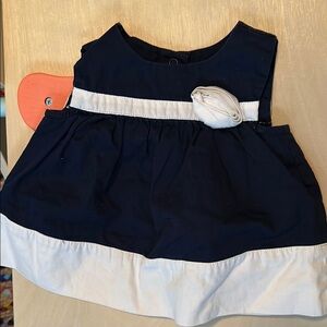 Navy Blue and White Baby Dress with Flower Accent